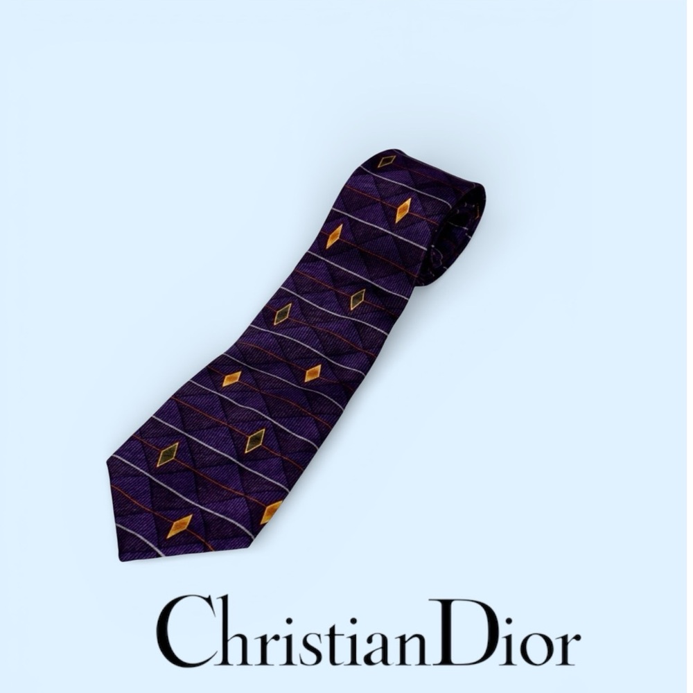 Christian Dior NWT Vintage Silk Purple and Orange Diamond Tie